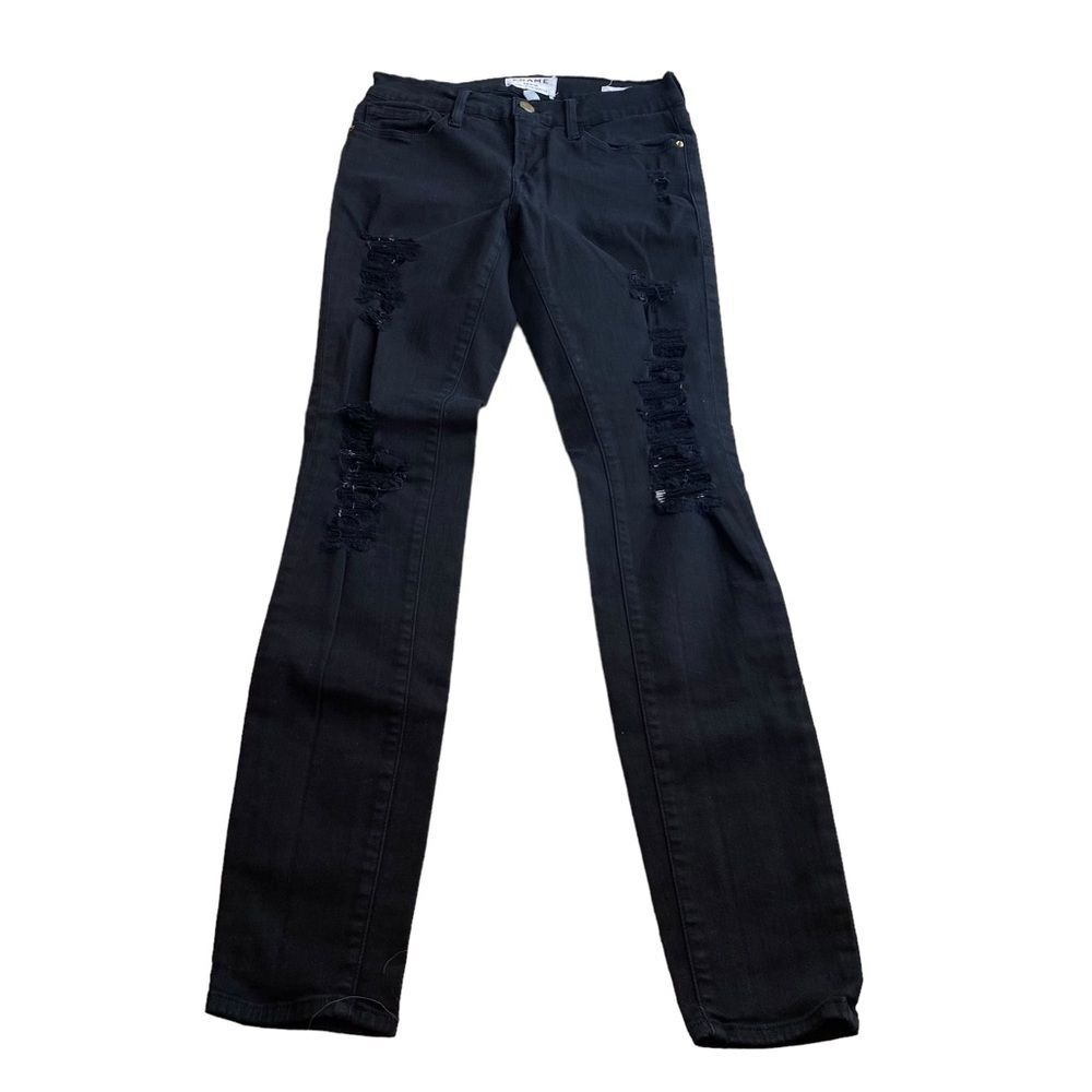 Frame Distressed Black Skinny Jeans Le Skinny de Jeanne Grunge Emo Size 26